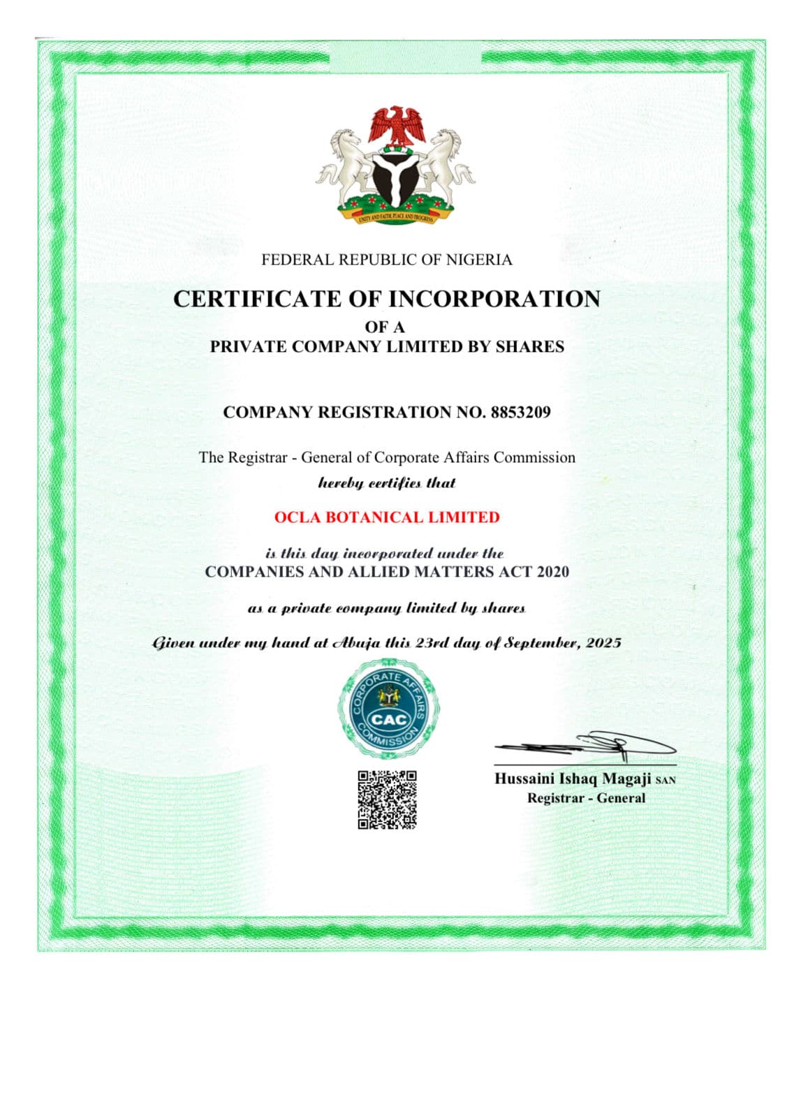 CAC Certificate of Incorporation - Nigeria